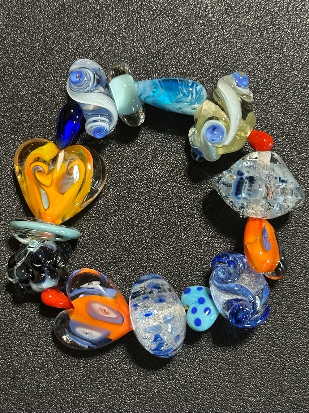Unique Art Glass Lampwork & Hearts Stretch Bracelet